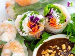 Shrimp spring rolls with peanut dipping sauce